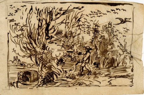 Charles F. Daubigny, La Chasse aux oiseaux: le mousse faisant peur au oiseaux    Pen and ink on papier calque 4 3/4 x 7 1/8 inches