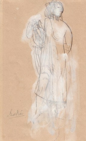AUGUSTE RODIN French, 1840-1917, Femme debout &agrave; la draperie, c. 1896, Pen and brown in with white gouache on paper 6 7/8 x 4 1/4 in.