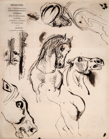 Eugene delacroix Sheet of Studies of Horses, a Moroccan Man in a Turban, and a Landscape Drawing on Stationary from the French Ministry    Pen and brown ink on paper 9 1/4 x 7 1/8 inches