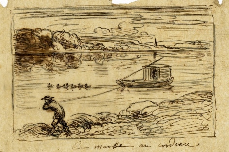 Charles F. Daubigny, The foam pulling the cord (The sorting to the rope)    Pen and ink on tracing paper  4 7/8 x 7 3/8 inches