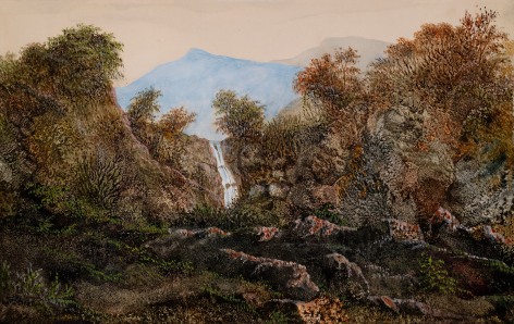 Waterfall with Distant Mountains, 1875    Dendrite, watercolor and gouache on paper  5 7/8 x 9 3/8 inches