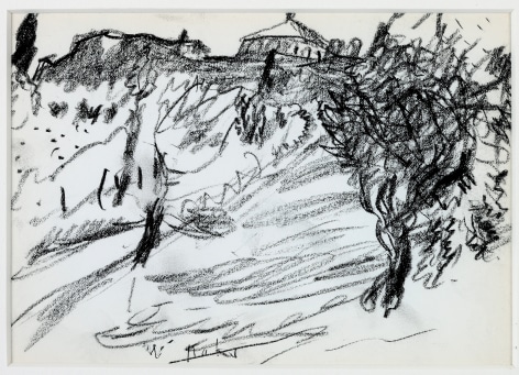 Wolf Kahn, Up Toward Pienza, 1958    Pencil 4 1/2 x 6 1/2 inches