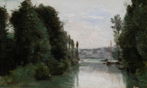 Rivi&egrave;re bord&eacute;e de grands arbres aux abords d&rsquo;un ville, 1850-55  Oil on canvas 9 3/8 x 15 1/8 inches Signed lower left