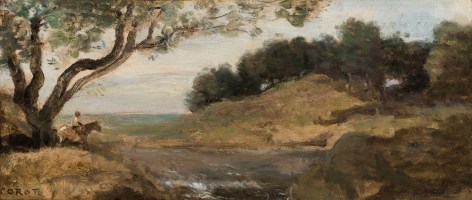 Jean-Baptiste-Camille, Corot Rider Under a Tree, c. 1870-1872, Oil on paper mounted on canvas, 4 7/8 x 11 1/8 inches