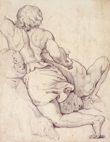 Th&eacute;odore G&eacute;ricault, Struggling Warriors: Study after &quot;The Battle of Constantine&quot; by Giulio Romano, c. 1813-1815    Pencil with pen and ink on paper 6 3/4 x 5 1/4 inches