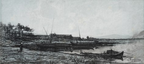 Adolphe Appian View of an Estuary near Martigues Black chalk on paper 6 1/4 x 14 1/8 inches