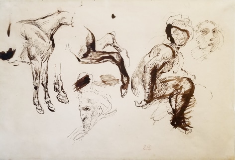 Eugene Delacroix, Study of Figures and Horses, c. 1820s, Ink on paper, 7 1/2 x 11 1/2 inches, Stamped lower center