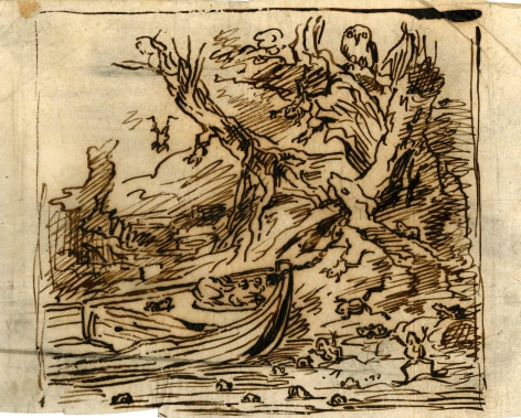 Charles F. Daubigny, Le botin amarr&eacute; sous un arbre    Pen and ink on paper calque 4 15/16 x 6 3/16 inches