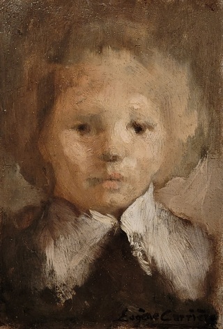 Eug&egrave;ne Carri&egrave;re French, 1849-1906  Portrait of his son, L&eacute;on, c. 1885  Oil on board 6 1/2 x 4 1/2 in.