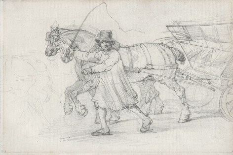 Th&eacute;odore G&eacute;ricault, A Peasant Leading a Horse-Drawn Straw Cart, c. 1820-21    Graphite on paper 6 1/4 x 8 5/8 inches