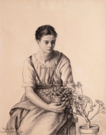 Virginie Demont-Breton French, 1859-1935 . Young Woman with Geranium, 1877    . Pencil and charcoal on paper 25 3/8 x 19 1/2 in.