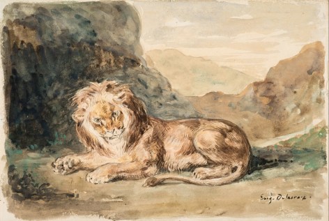 Eugene delacroix Seated Lion in a Landscape    Watercolor on paper 7 5/8 x 10 5/8 inches