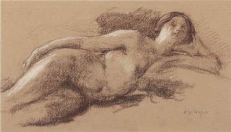 Ker Xavier Roussel  Reclining Nude  Brown and white chalk on paper  5 7/8 x 10 3/8 inches