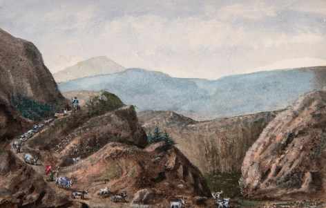 Mountainous Landscape with Goats and Figures   . Gouache on paper 5 1/2 x 7 1/4 in. (14 x 18.4 cm)