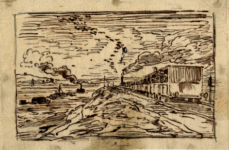Charles F. Daubigny, Le d&eacute;part (Le retour)    Pen and ink on papier calque 4 15/16 x 7 1/2 inches