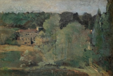 Jean-Baptiste-Camille Corot Ville d&rsquo;Avray &ndash;View of the Cabassud Houses on Corot&rsquo;s Property, c. 1855  Oil on parqueted wood panel 10 5/8 x 15 &frac14; inches