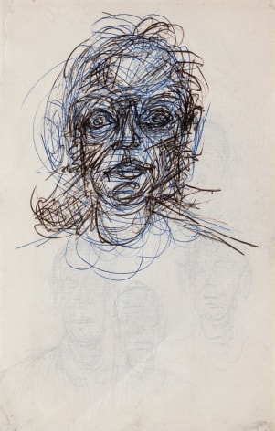 Alberto Giacometti Tete de femme (recto) / 4 visages (verso), c. 1962 Blue and black ball-point pen on paper 6 5/8 x 4 1/4 inches