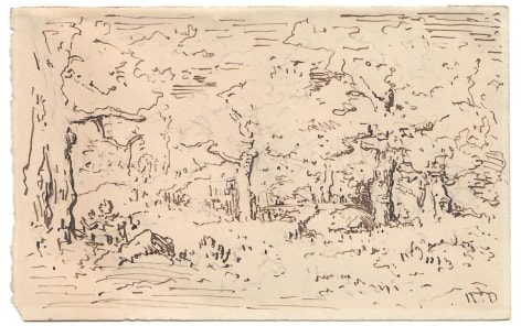 Narcisse Virgile Diaz de la Pe&ntilde;a  Landscape in the Forest of Fontainebleau    Brown Pen and ink on paper  3 3/4 x 6 inches