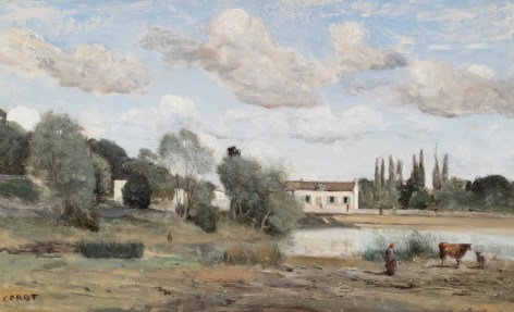 Ville d'Avray. L'Etang et les villas avec une vachere a droite, 1855-1860  Oil on canvas 11 3/4 x 19 1/2 inches Signed lower left