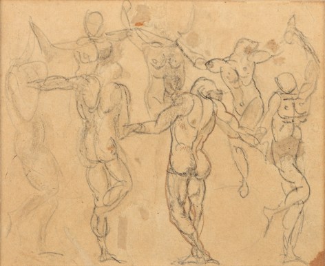 Auguste Rodin, Study of Seven Figures for La Ronde (Etude de sept figures pour &quot;La Ronde&quot;), c. 1880-1883  Pencil with touches of pen, ink, and brown wash on buff paper. 3 x 3 1/2 inches