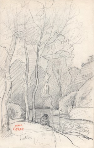 Jean-Baptiste-Camille Corot, Figure Sitting by a River Near Poitiers (recto), Landscape Study (verso), Graphite on paper, with stump on the back 10 3/8 x 6 3/8 in.