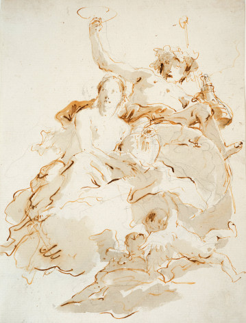 GIOVANNI BATTISTA TIEPOLO Italian, 1696-1770 . Bacchus and Ariadne,     Pen, brown ink, wash, traces of black chalk 10 1/8 x 7 5/8 in