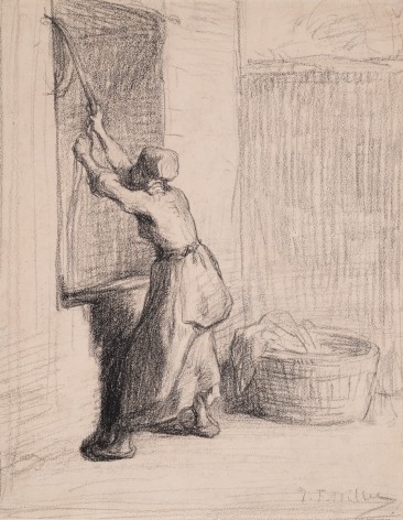 Femme &eacute;tendant son linge, c. 1848-49   Black conte crayon on paper  10 7/8 x 8 7/16 inches