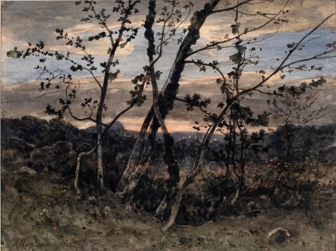 Henri Joseph Harpignies (1819-1916) Arbres dan us paysage vallone a la tombee de la nuit, 1866   Watercolor heightened with gum arabic 9 3/4 x 13 1/4 inches