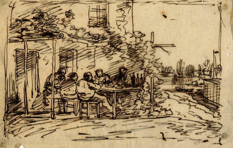Charles F. Daubigny, The departure lunch in Asni&egrave;res    Pen and ink on tracing paper  4 5/8 x 7 inches