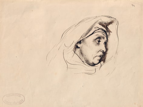 Edme-Alexis-Alfred Dehodencq Head of a Cloaked Woman, c. 1867    Black and brown ink on paper 6 3/8 &times; 8 5/8 inches