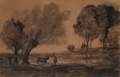 Jean-Baptiste-Camille Corot Vache et son gardien devant un moulin, c. 1870&nbsp;&nbsp;  Black conte on beige paper 12.5 x 19 1/4 inches