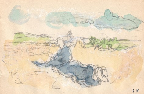 Sur la plage en Normandie, &agrave; Vasouy, 1901    . Watercolor and pastel highlight on pencil, on paper 3 3/4 x 5 11/16 in.