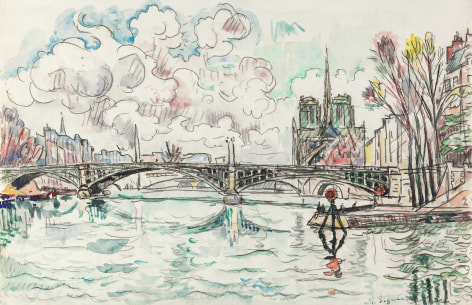 Paul Signac The Seine at Pont de Sully (with Notre Dame Cathedral at the right), c. 1920-30 Black chalk &amp; watercolor on laid paper marked with heraldic shield 11 3/8 x 17 1/4 inches