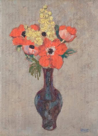 Odilon Redon (French, 1840 &ndash; 1916)   Vase de coquelicots et mimosas oil on corrugated card laid down on cradled panel 9&frac34; by 7&frac14; in.