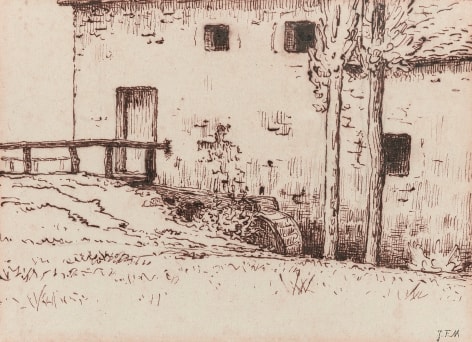 Jean-François Millet The Water Mill, near Vichy (Le moulin à eau, environs de Vichy)    Pen and brown ink with pencil on paper  7 x 9 5/16 inches