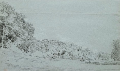 Paul Huet, Vaches en lisi&egrave;re de foret, Charcoal heightened with white chalk on blue paper 11 3/16 x 18 1/2 inches