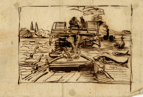 Charles F. Daubigny, L'avant du Botin, avec une grenouille, pr&eacute;c&eacute;d&eacute; d'un autre Bateau    Pen and ink on paper calque 4 9/16 x 6 3/4 inches