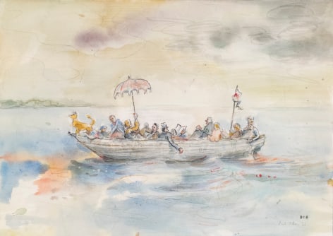 David Scher  Boat With Parasol, 2021    Pencil and watercolor on Arches cold press paper  14 x 20 inches