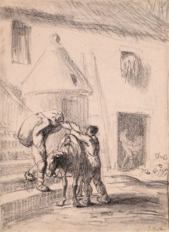 Jean-François Millet  A Miller Loading a Sack of Flour on to his Horse (Meunier chargeant un sac de blé sur son cheval)   Black chalk on paper  8 15/16 x 6 5/8 inches