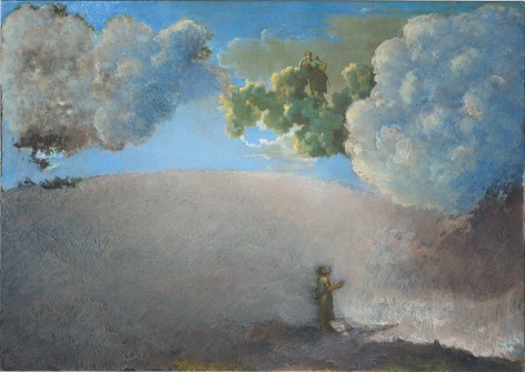 Lino Mannocci, Blind Orion Searching for the Sun, Poussin, 1658, 2012    Oil on postcard 4x 5 3/4 inches