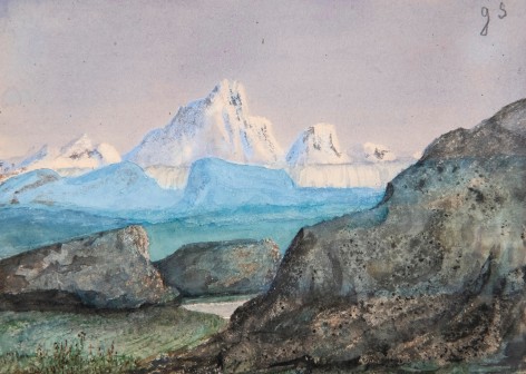 George Sand Mountainous Landscape with Snow Capped Peaks in the Distance    Gouache on paper 4 3/4 x 6 1/2 inches
