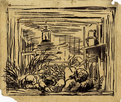 Charles F. Daubigny, Coucher &agrave; bord du bottin (La nuit en bateau)    Pen and ink on papier calque 4 13/16 x 5 5/8 inches