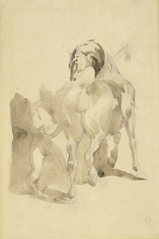 Th&eacute;odore G&eacute;ricault, A Stable Hand Grooming a Horse, c. 1814    Pencil, light brown wash on paper 11 3/8 x 8 5/8 inches