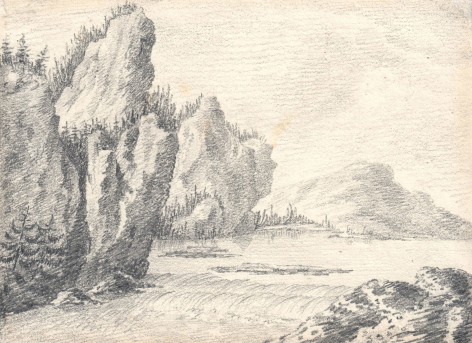 Lake Landscape with Rocks and a Cascade&nbsp;    Pencil on paper 3 1/8 x 4 1/4 inches