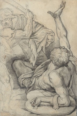 Fallen Warrior: Study after &quot;The Battle of Constantine&quot; by Giulio Romano, c. 1815-1816    Pencil and brown ink on paper 7 1/4 x 4 7/8 inches
