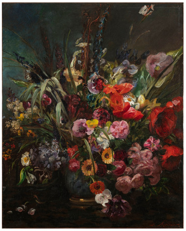 Louis Antoine Leon Riesener French, 1808-1878 . Bouquet de fleurs dans un vase bleu, c. 1849     Oil on canvas 32 x 25 1/2 in.