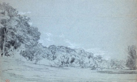 Paul Huet, Vaches en lisière de foret, Charcoal heightened with white chalk on blue paper 11 3/16 x 18 1/2 inches