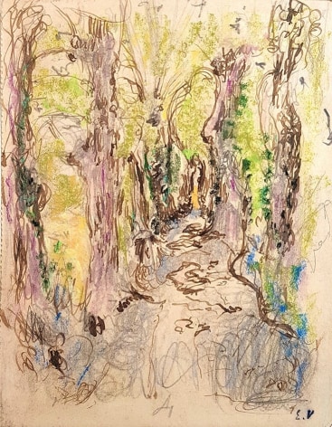 Edouart Vuillard, Etude pour L&rsquo;All&eacute;e en sous-bois, Amfr&eacute;ville, 1905-07 Pastel, colored pencil, pen and brown ink with pencil on paper 5 5/8 x 4 1/4 inches