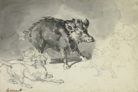 Boar Attacked by Dogs, c. 1821-23    Graphite and wash on paper 7 5/8 x 10 inches