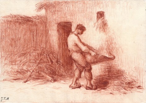 Jean-Fran&ccedil;ois Millet  Vanneur &agrave; la porte d'une grange, c. 1840s    Conte crayon on paper  5 1/2 x 9 inches